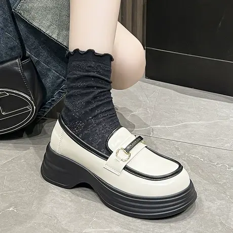 单鞋女夏季2023年网红时尚粗跟英伦风小皮鞋百搭一脚蹬气质乐福鞋商品大图