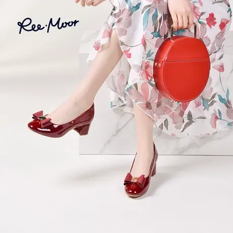 REEMOOR睿慕红色粗高跟新娘婚鞋女软底漆皮单鞋舒适气质小皮鞋商品大图