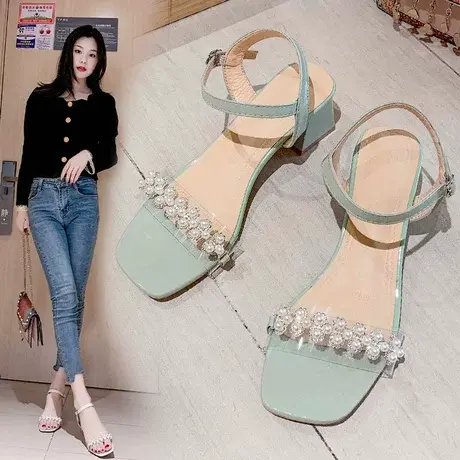 网红仙女风两穿凉鞋女2023年新款一字带珍珠小香风粗跟中跟拖鞋女商品大图