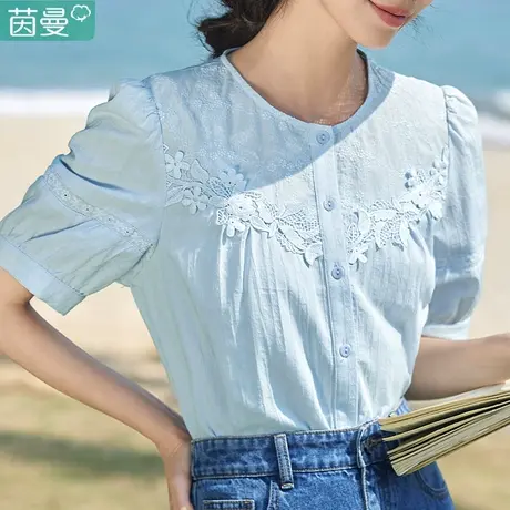 茵曼法式复古短袖衬衣女士2023年夏季新款纯棉花边泡泡袖衬衫上衣图片