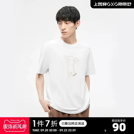 GXG男装 简约小熊线条轮廓刺绣纯棉圆领情侣短袖T恤 23年清仓款商品大图