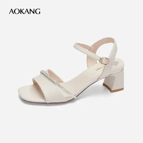 【门店发货】奥康女鞋 夏季新款女士时尚凉鞋水钻一字扣米色通勤图片