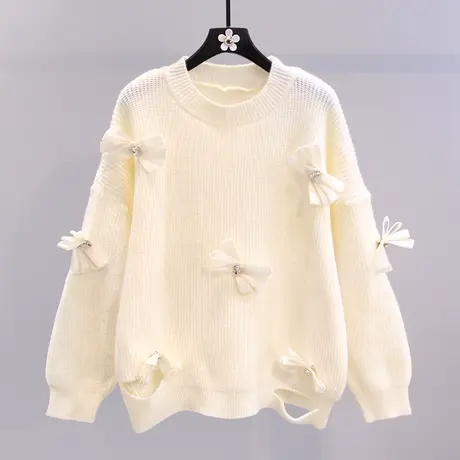 立体蝴蝶结套头毛衣女秋冬2023新款日系学院风宽松设计感针织上衣商品大图