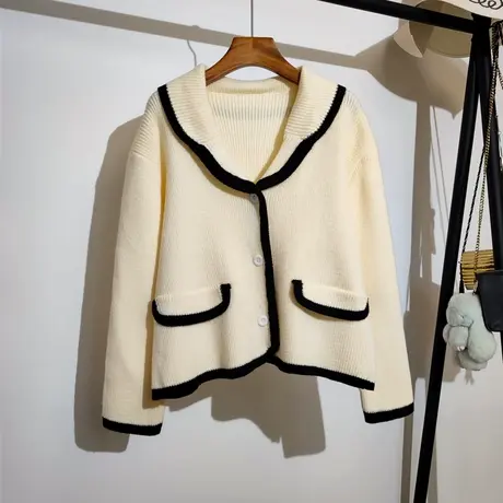 小香风针织开衫女秋冬新款宽松百搭翻领气质花边温柔甜美毛衣外套商品大图