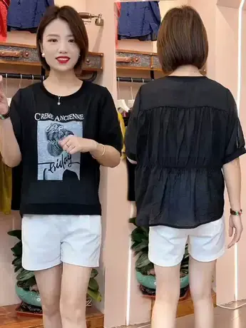 短袖T恤女2023夏季百搭显瘦圆领薄款印花上衣时尚休闲时尚遮肉潮商品大图