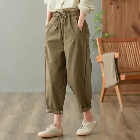 dza 高腰显瘦纯棉休闲长裤女春秋宽松阔腿裤直筒工装裤百搭哈伦裤图片