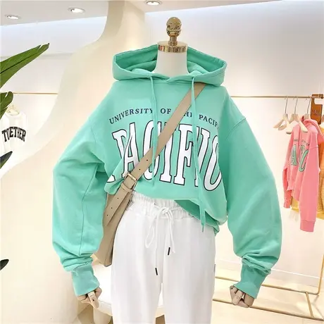 卫衣女春秋薄款2021新款韩版ins潮减龄字母百搭宽松短款连帽外套商品大图