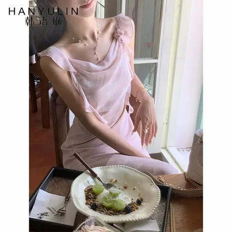 韩语琳 夏季新款度假荡领雪纺吊带连衣裙长款印花收腰包臀裙长裙图片