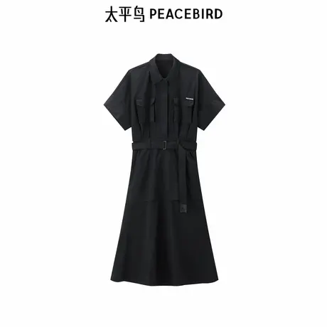太平鸟翻领连衣裙直筒长款黑色衬衫裙假两件小黑裙收腰图片