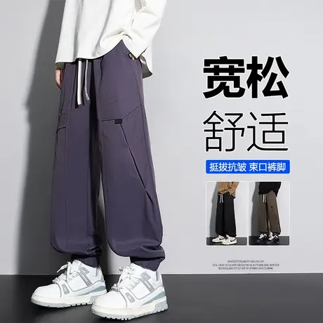 紫色裤子男大码束脚春秋季款青少年加肥加大宽松显瘦哈伦胖子男裤商品大图