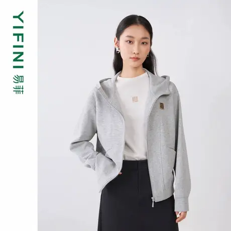 [专柜同款]Yifini/易菲休闲宽松短款针织连帽外套女春秋新款商品大图