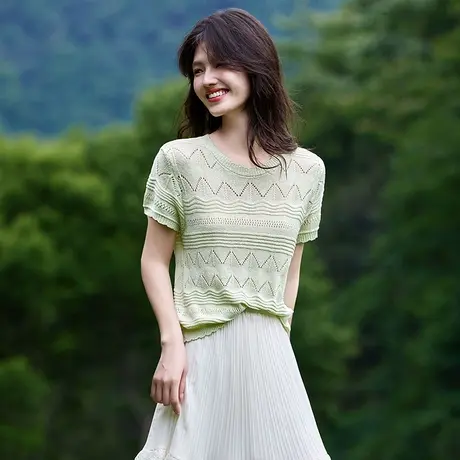 时尚气质针织衫2025年夏季新款女纯色简约针织套头温柔淑女短袖T图片