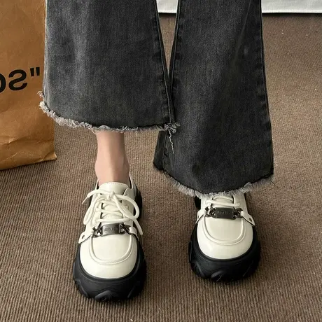 英伦风黑色小皮鞋女2023春季新款百搭复古系带日系jk厚底乐福鞋子商品大图