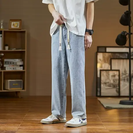 唐狮牛仔裤男春夏季新款宽松直筒抽绳阔腿裤潮牌休闲百搭裤子男图片