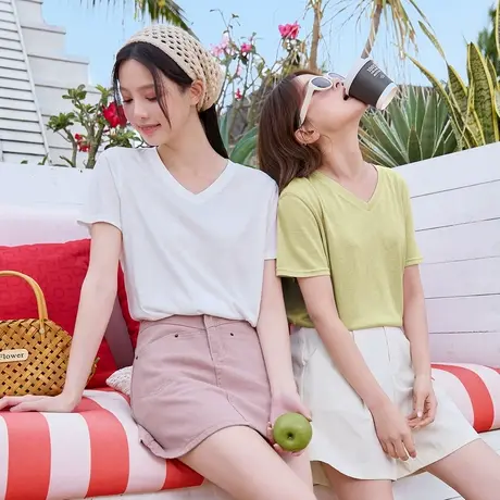 唐狮短袖女T恤衫竹节棉夏季新款白色V领上衣女内搭打底衫图片
