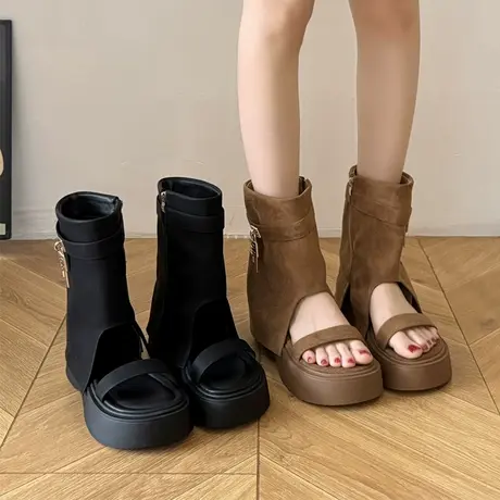 厚底罗马凉鞋女款2025新款夏季配裙子复古小众设计感裤管短筒凉靴商品大图