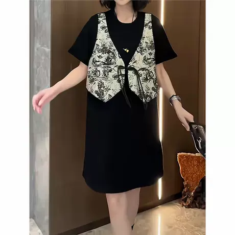 新中式国风假两件T恤裙子夏季提花马甲背心拼接大码连衣裙女胖mm图片