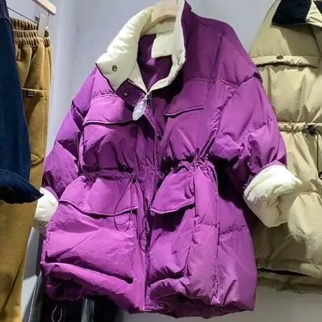 大口袋羽绒棉服2023冬季新款时尚宽松撞色加厚中长款收腰棉衣外套图片