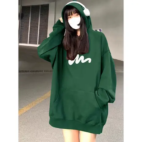 情侣装加绒卫衣女ins潮秋冬vintage大码日系帽衫上衣绿色复古外套商品大图