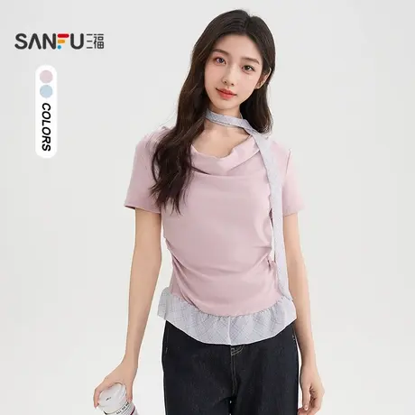 三福短T恤2025夏季甜美下摆格子拼接荡领上衣女装506027图片
