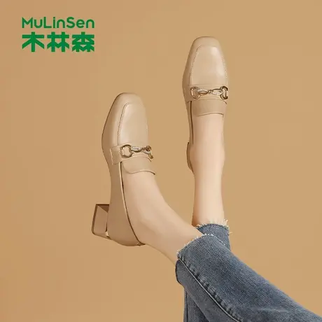 木林森乐福鞋女2025年秋季新款百搭一脚蹬小皮鞋女士粗跟妈妈单鞋图片