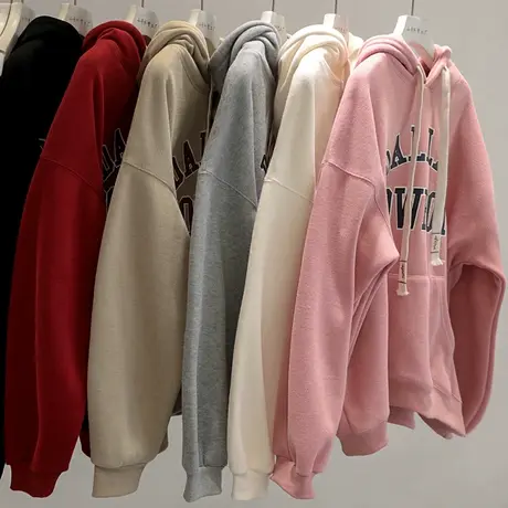 连帽大码加绒加厚卫衣女2022秋冬新款韩版宽松百搭字母印花上衣潮商品大图