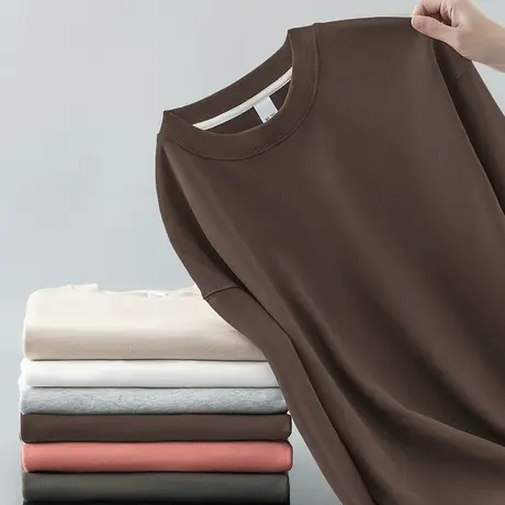 350g重磅圆领卫衣男潮牌潮流秋冬加绒加厚纯色无帽摇粒绒长袖t恤商品大图