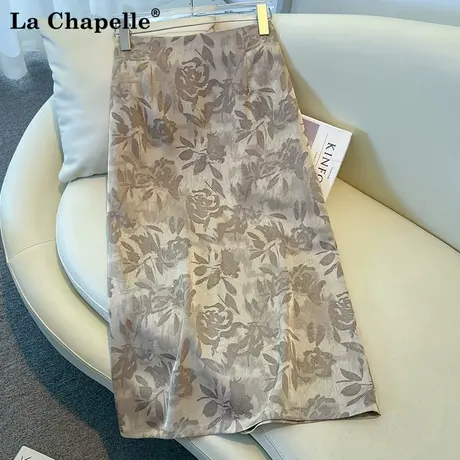 拉夏贝尔印花香槟色醋酸半身裙女夏薄款2025直筒a字开叉包臀裙商品大图