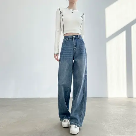 复古窄版阔腿牛仔裤女2025年春秋新款高腰显瘦垂感直筒拖地长裤子商品大图