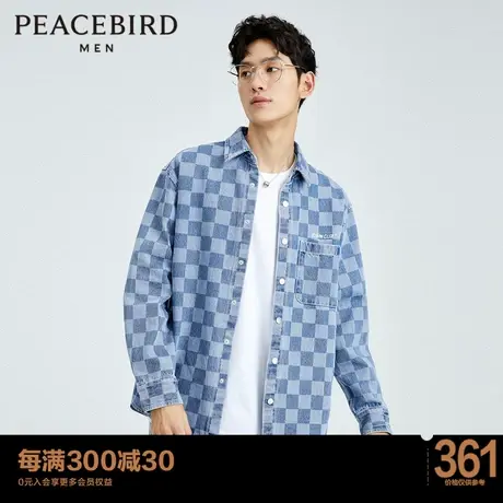 太平鸟男装 牛仔夹克男2022秋季新款潮流休闲棋盘格长袖外套in图片