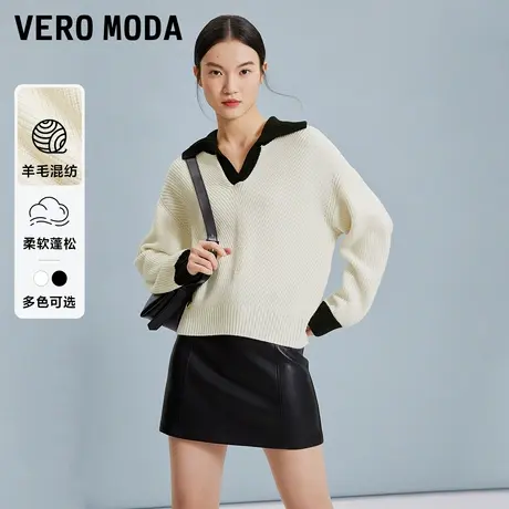 Vero Moda奥莱针织衫女春秋新款宽松撞色套头翻领气质毛衣上衣图片