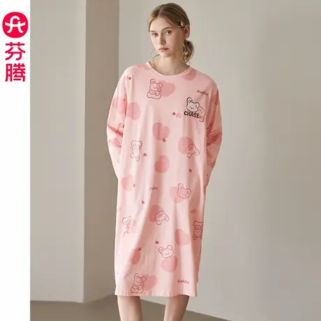 芬腾女士睡裙春秋季纯棉长袖睡衣裙可爱女款休闲大码家居服连衣裙商品大图