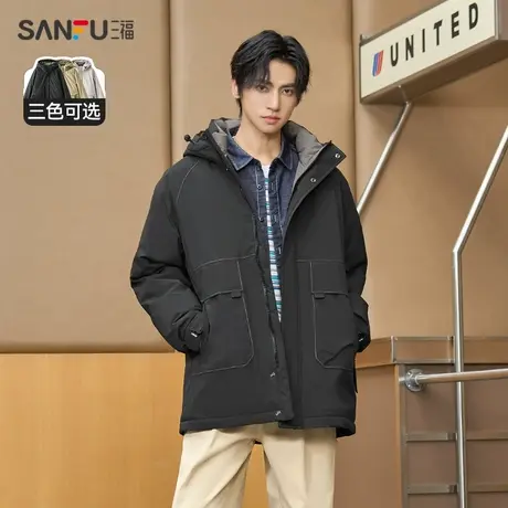 三福2023冬男士字母印花明线长棉衣 时尚宽松连帽外套男472753图片