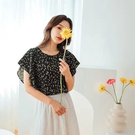 桔熊夏季薄款雪纺衫印花露背蝴蝶结飞飞袖上衣女大码AB15523商品大图