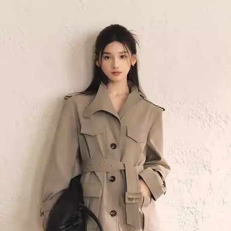 爵莱菲大码老钱风条纹风衣外套女2025新款秋中长款小个子高级时尚商品大图
