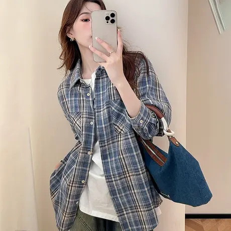 唐狮2025秋季复古美式格子衬衫女外穿休闲百搭衬衣女高级感慵懒风商品大图