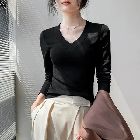 歌倍尚深V领长袖T恤女装秋季新款修身显瘦上衣正肩纯色内搭打底衫商品大图
