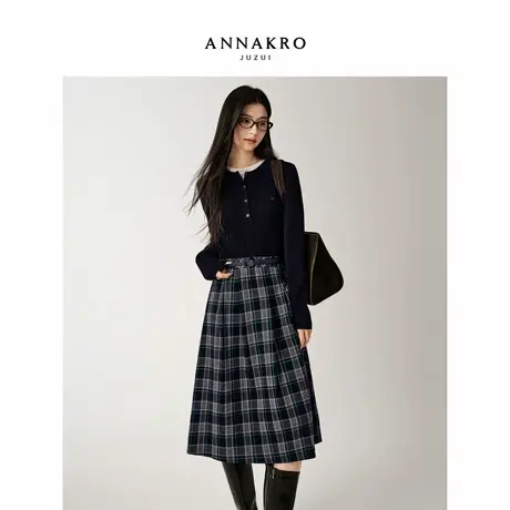 玖姿安娜蔻复古学院风格纹拼接假两件针织衫连衣裙女2025冬季新款图片