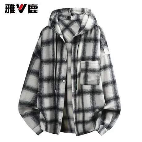 雅鹿2026春秋季新款宽松连帽长袖格子衬衫男青年潮牌休闲衬衣外套图片