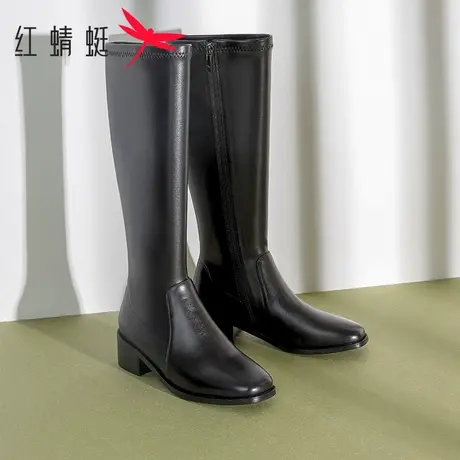 红蜻蜓女鞋 韩版时尚休闲舒适显瘦女皮靴 长筒高跟加绒保暖女靴子图片