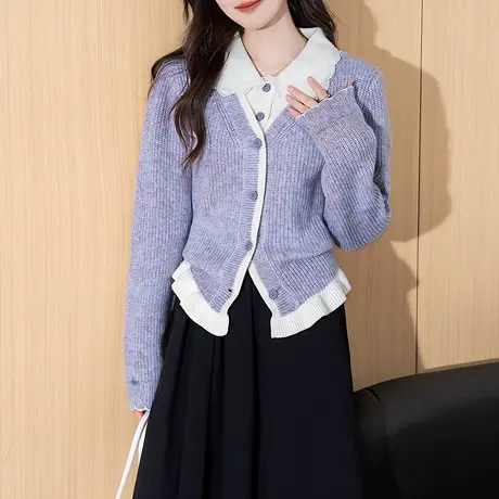 唐狮秋冬季女毛衣翻领假两件开衫可爱学院风简约百搭花边tu图片