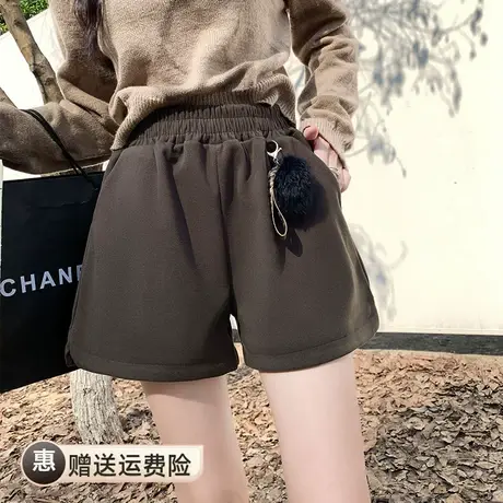 松紧高腰金丝绒咖色短裤女2023秋冬新款宽松休闲阔腿裤外穿靴裤子商品大图