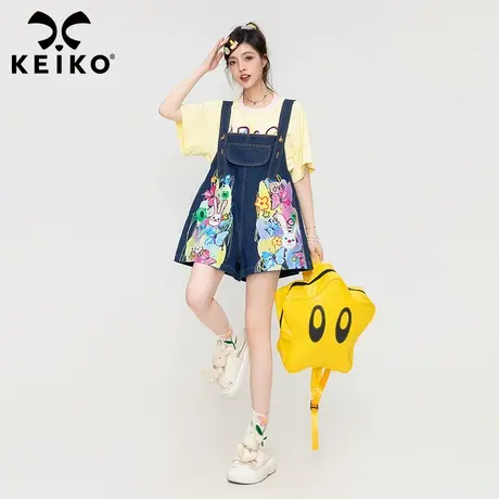 KEIKO 涂鸦风印花背带短裤女薄款夏季多巴胺穿搭阔腿牛仔裤小个子商品大图