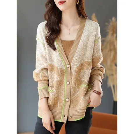 宝诗黎V领提花绵羊毛针织开衫上衣女落肩慵懒外套2023春秋季新款商品大图