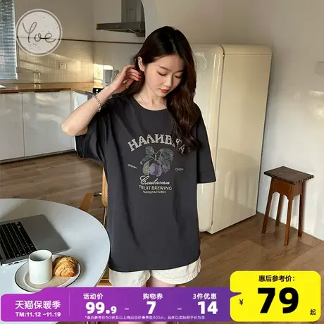 yoe夏装美式复古设计感潮牌做旧复古印花深灰色短袖t恤女上衣纯棉商品大图