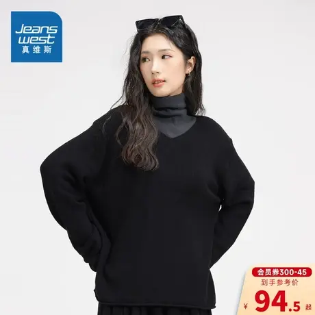 GA真维斯2023年冬季新款女装V领长袖毛衣宽松韩系慵懒简约时尚商品大图