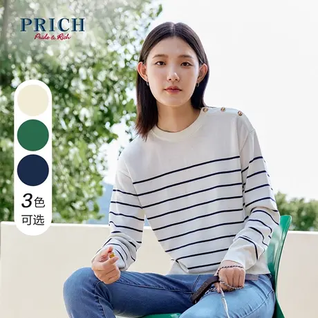 PRICH针织衫新品秋冬新款条纹质感海军风金属扣宽松落肩毛衣女商品大图