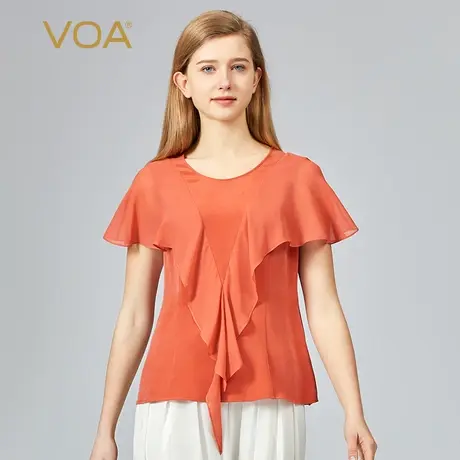 VOA30姆米重磅桑蚕丝圆领短袖荷叶边双面设计红色复古独特真丝T恤图片