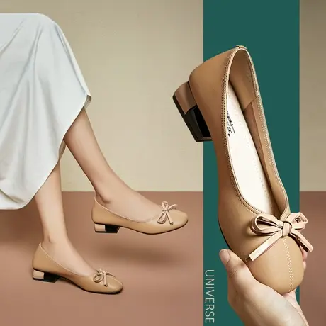 清仓瓢鞋女春款春秋简单蝴蝶结粗跟软皮奶奶鞋复古低跟不磨脚单鞋商品大图
