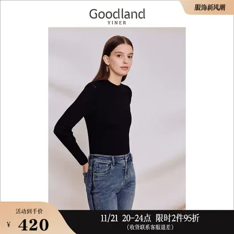 Goodland美地女装2023秋季百搭优雅蕾丝针织衫时尚半高领上衣图片